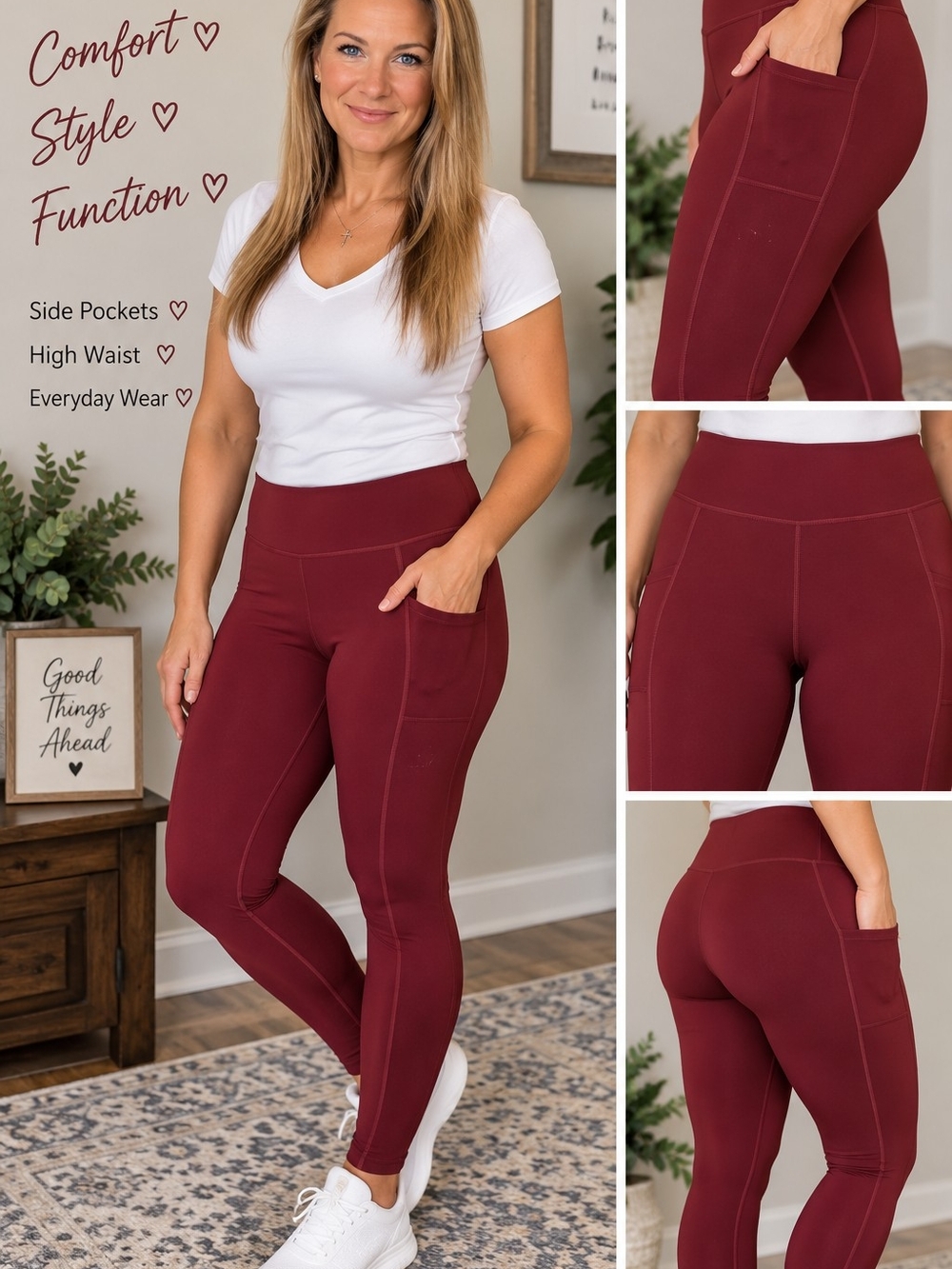 Winter High-Waist Pocket Leggings in Burgundy Like New